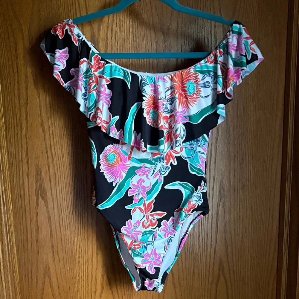 Trina Turk Black and Pink Floral One Piece with off the shoulders ruffle - Picture 2 of 6